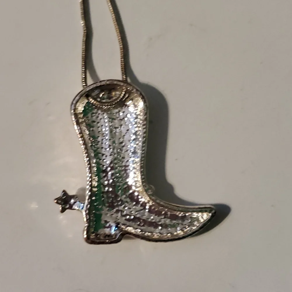 Fashion silver tone, jewel embellished, Cowgirl boot necklace